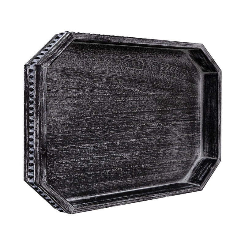 CedarLux Decorative Coffee Table Serving Tray, Long Octagonal Black Wood Tray with Wooden Bead, Farmhouse Big for Ottoman Table, Countertop, Home Decor, 16.5"x13"x1.6" (Retro Black) - Image 1