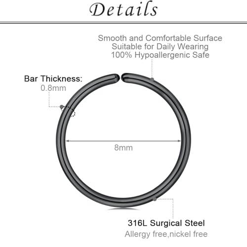 TOKRING 20G Black Nose Rings Hoops Studs Surgical Steel Piercing jewelry for Women Men - Image 3