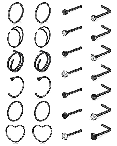 TOKRING 20G Black Nose Rings Hoops Studs Surgical Steel Piercing jewelry for Women Men - Image 1