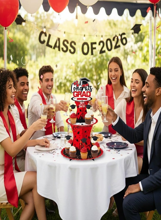 XCX Graduation Cupcake Stand Decoration, 3 Tier Congrats Grad Party Cupcake Holder Tower, Cardboard Grad Theme Dessert Cookies Stand for Graduation Party Supplies Favors (Red & Black) - Image 5