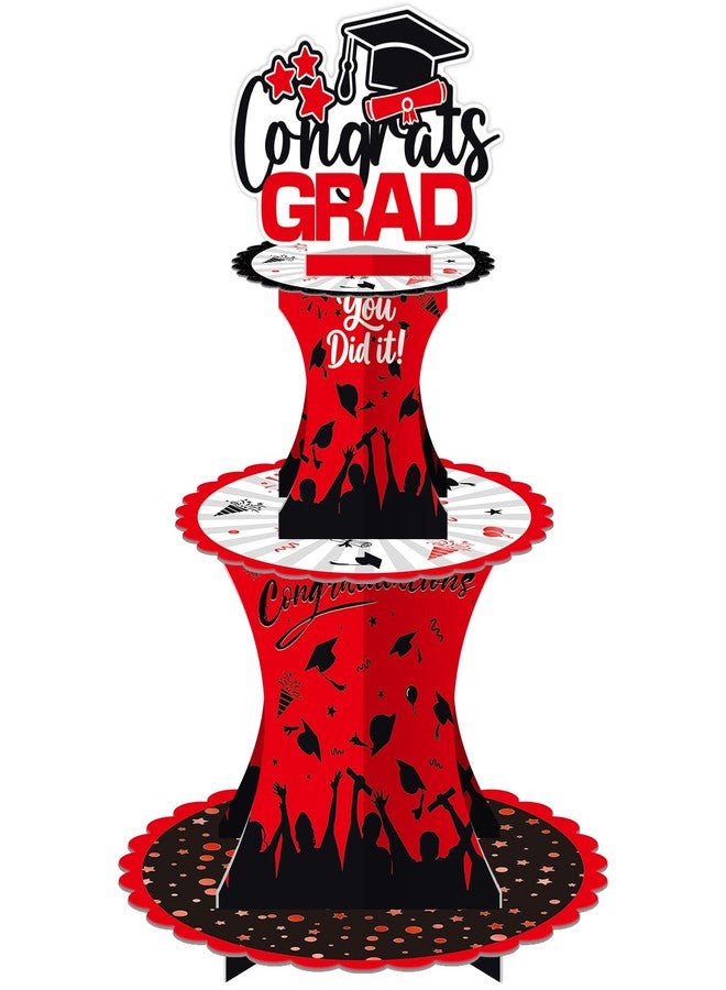 XCX Graduation Cupcake Stand Decoration, 3 Tier Congrats Grad Party Cupcake Holder Tower, Cardboard Grad Theme Dessert Cookies Stand for Graduation Party Supplies Favors (Red & Black) - Image 1