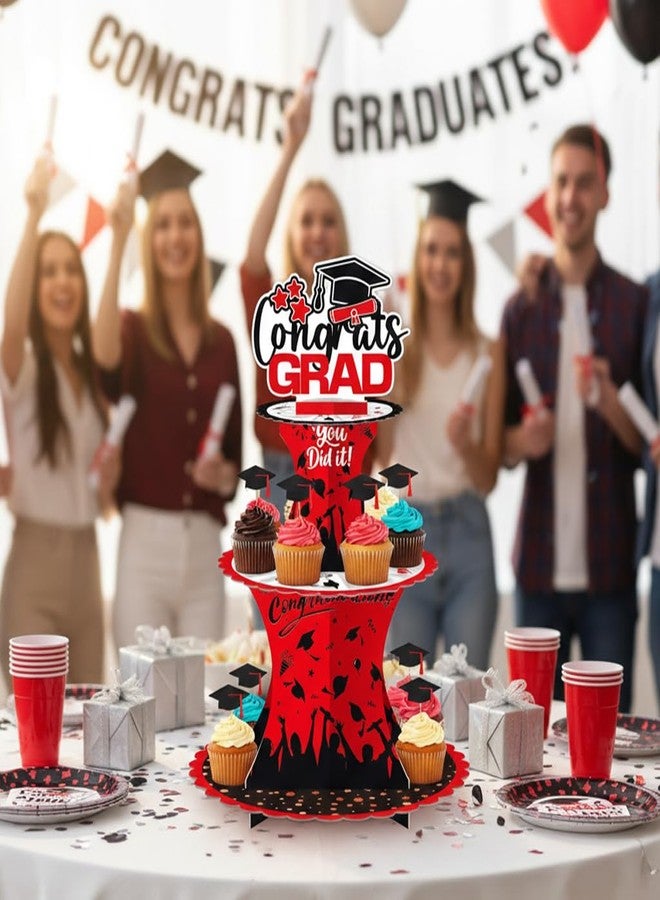 XCX Graduation Cupcake Stand Decoration, 3 Tier Congrats Grad Party Cupcake Holder Tower, Cardboard Grad Theme Dessert Cookies Stand for Graduation Party Supplies Favors (Red & Black) - Image 4