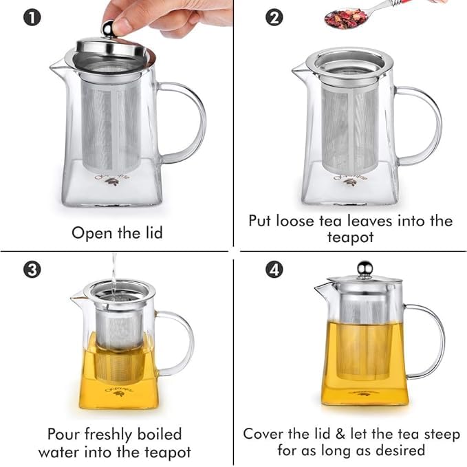 Jenibri Borosilicate Glass stovetop Kettle with Stainless Steel Infuser teapot to Infuse Tea Coffee Black Tea harbal kadha Tea Pot for Making Green Tea (Square Teapot 750ML) - Image 3