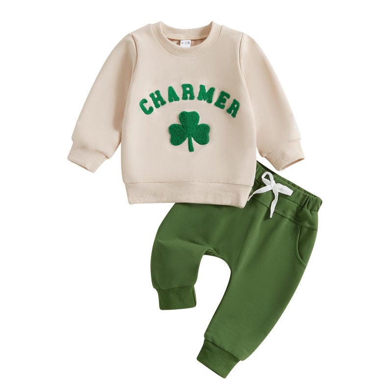 Amnnchya Toddler Baby Boy St Patricks Day Outfit Charmer Shamrock Sweatshirt Pants Fall Winter Spring Clothes Set (Khaki, 12-18 Months) - Image 1