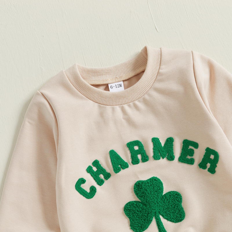 Amnnchya Toddler Baby Boy St Patricks Day Outfit Charmer Shamrock Sweatshirt Pants Fall Winter Spring Clothes Set (Khaki, 12-18 Months) - Image 5
