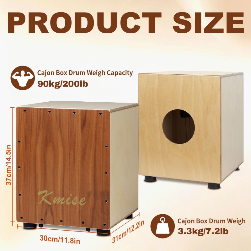 Kmise Portable Cajon Drum Box, 11.8Ã—12.2Ã—14.5" Adjustable Snare Cajons Drums, Solid Acacia & Birch Wood, Percussion Instrument Gift for Adults Kids, With Carry Bag,for Home Live Performance Practice - Image 2