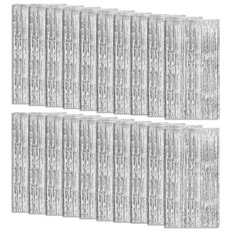 K.E.J. 20 Pack Foil Curtain Backdrop Silver Metallic Tinsel Foil Fringe Curtains Photo Booth Props for Birthday Wedding Engagement Baby Shower Bachelorette Christmas Holiday Celebration Party Decorations - Image 1