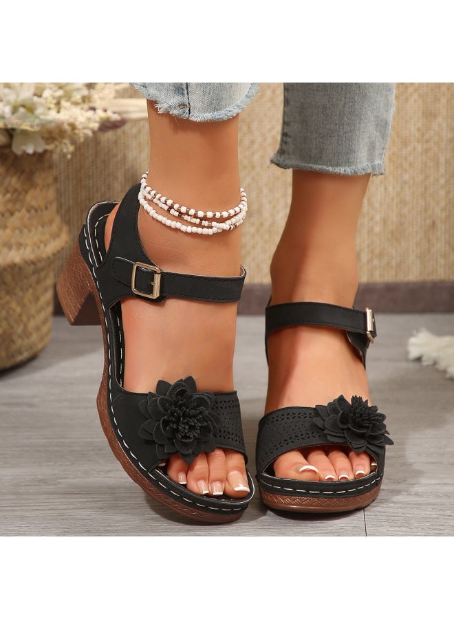 Plus-size Women's Wedge Sandals With Thick Soles Style, Chunky Heels, Large Size, Floral Decoration, Single Strap, European And American Style