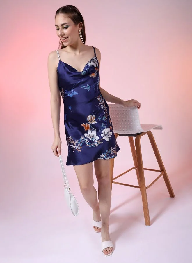 مرفوعة Women A-Line Party Wear Floral Print Cowl Neck Dress