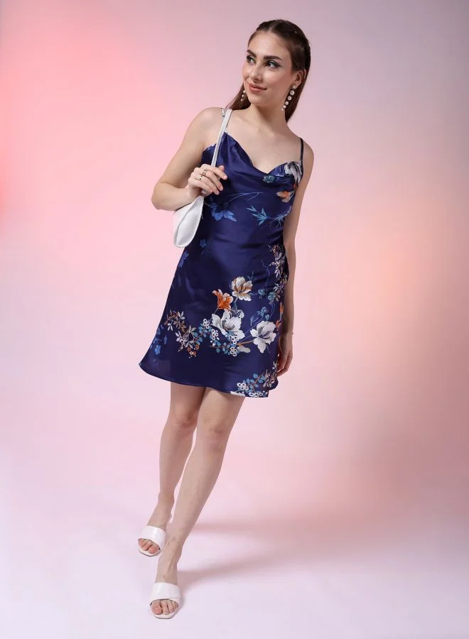 مرفوعة Women A-Line Party Wear Floral Print Cowl Neck Dress