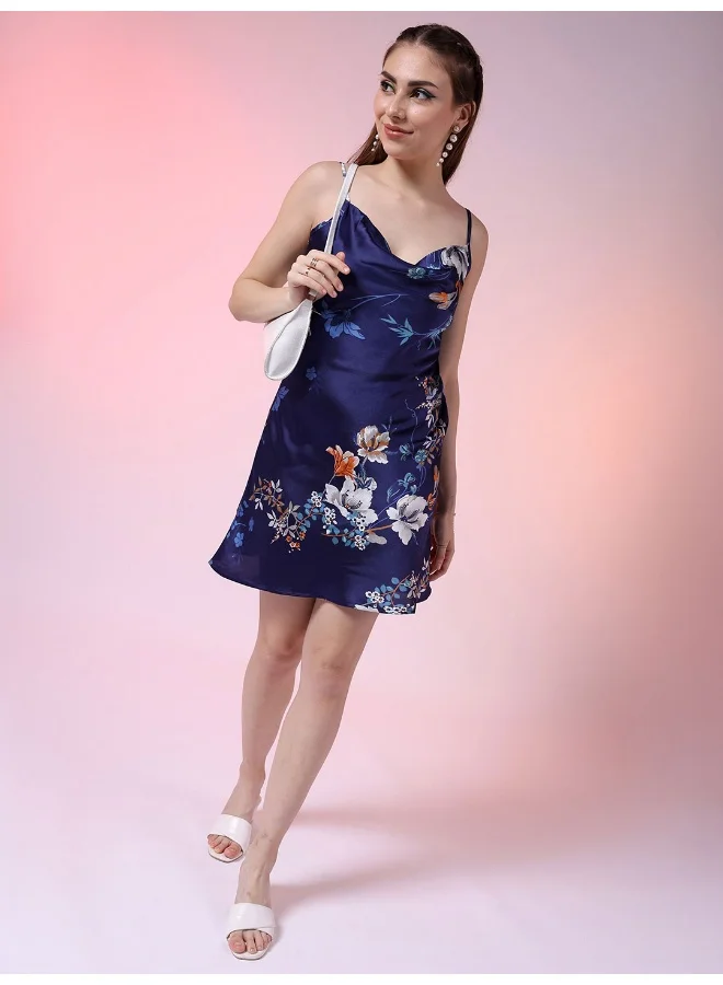 مرفوعة Women A-Line Party Wear Floral Print Cowl Neck Dress