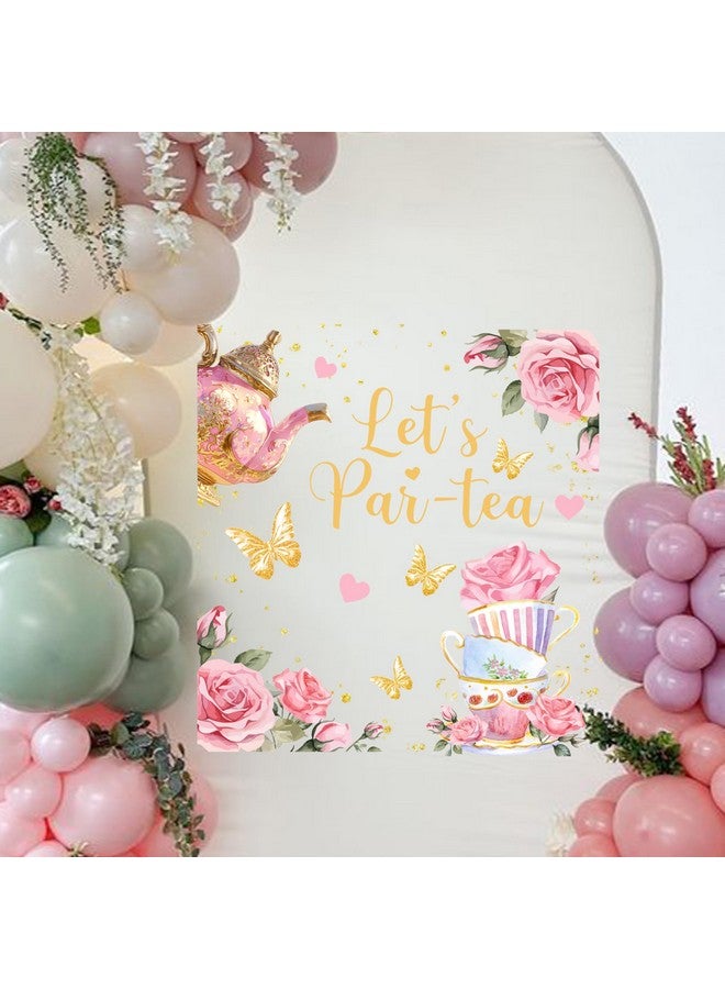 MUWEOL Let's Par-Tea Decal - Tea Party Wall Decor, Pink Roses and Gold Butterflies Design, Let's Par-Tea Theme (par-Tea Decal) - Image 1