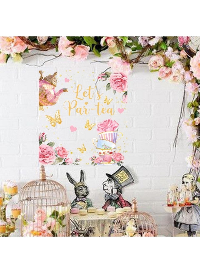MUWEOL Let's Par-Tea Decal - Tea Party Wall Decor, Pink Roses and Gold Butterflies Design, Let's Par-Tea Theme (par-Tea Decal) - Image 4