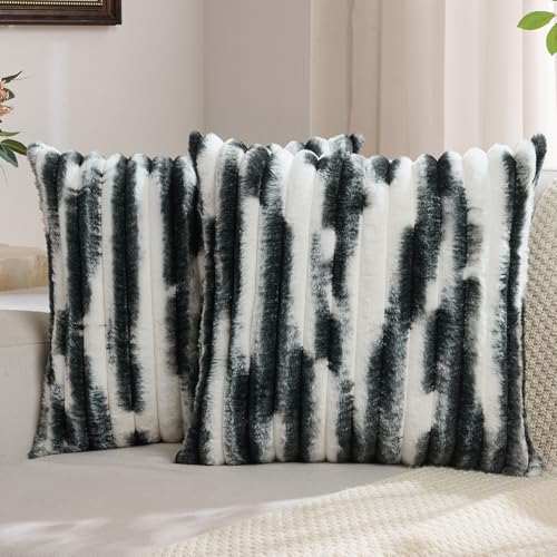 FUTEI Pack of 2 Faux Fur Plush Throw Pillow Covers 18x18 Inch Soft Tie Dye Striped Textured Farmhouse Decorative Cushion Covers Modern Home Decor for Couch Bed Living Room Black White - Image 1
