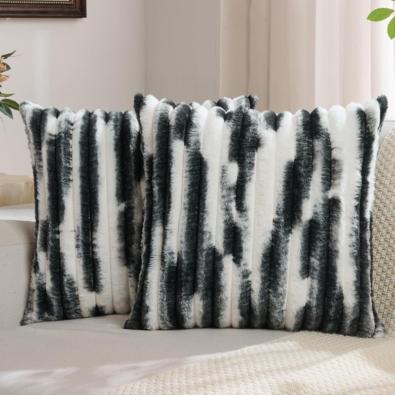 FUTEI Pack of 2 Faux Fur Plush Throw Pillow Covers 18x18 Inch Soft Tie Dye Striped Textured Farmhouse Decorative Cushion Covers Modern Home Decor for Couch Bed Living Room Black White - Image 2