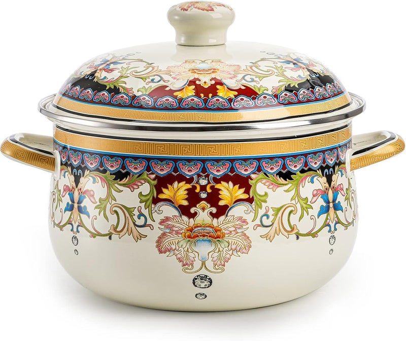 OLYTARU Retro Flower Enamel Stockpot with Lid,Stockpots for Cooking,Vintage Floral Stew Bean Simmer Pot with Handle, Kitchen Soup Pot, Safe for Induction Cookers, Gas Stove(Ivory-2.5QT) - Image 1