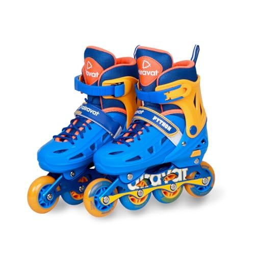 Airavat Python 7706 Inline Skates with 4 PU Wheels, ABEC-7 Bearings, Adjustable Size (31-34), Aluminum Frame, and PVC Shell. Ideal for Boys and Girls. Smooth, Durable Ride in Orange-Blue. - Image 1