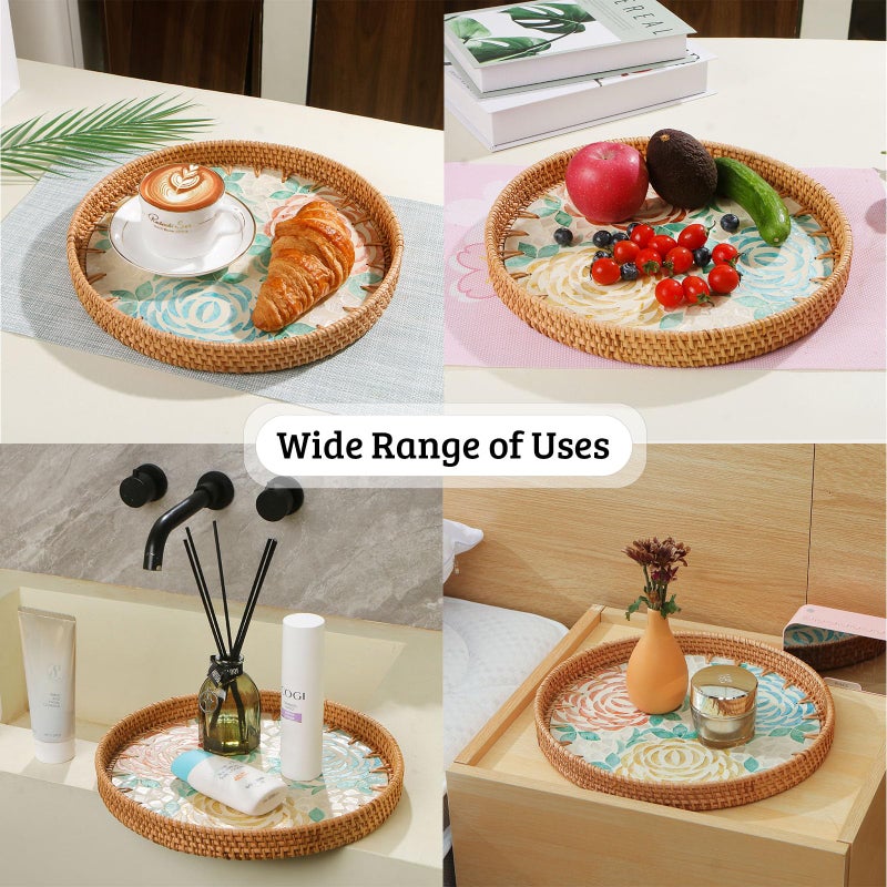 Aayoruro Round Rattan Tray with Mother of Pearl Inlay, Decorative Wicker Serving Tray with Wooden Base, Woven Basket Trays for Bread Fruits Coffee, Peony - Image 4