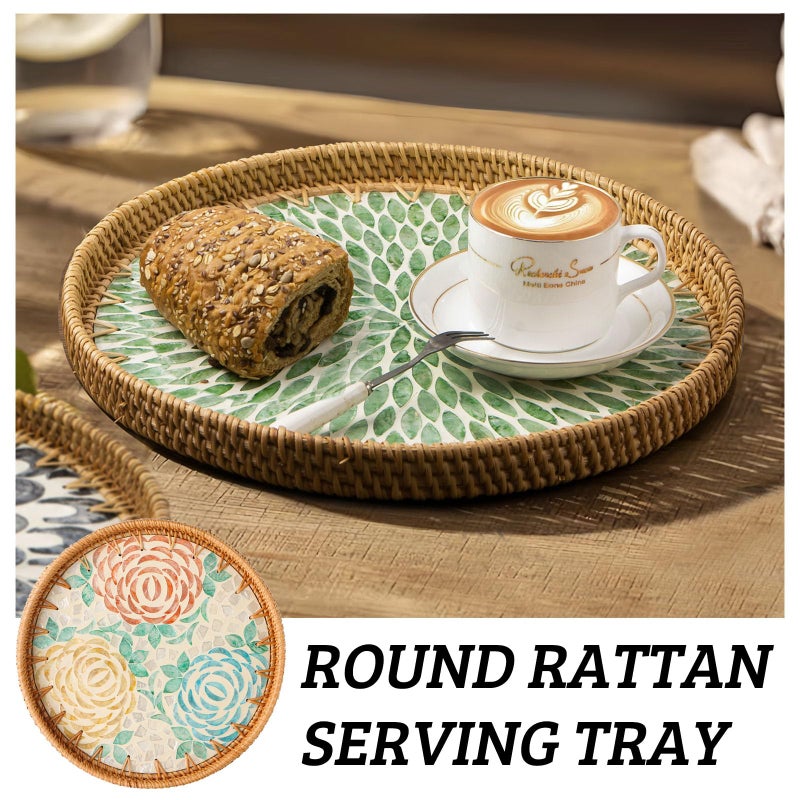 Aayoruro Round Rattan Tray with Mother of Pearl Inlay, Decorative Wicker Serving Tray with Wooden Base, Woven Basket Trays for Bread Fruits Coffee, Peony - Image 5