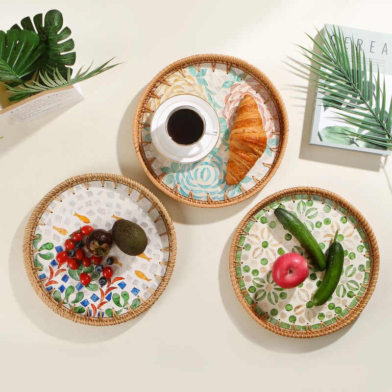 Aayoruro Round Rattan Tray with Mother of Pearl Inlay, Decorative Wicker Serving Tray with Wooden Base, Woven Basket Trays for Bread Fruits Coffee, Peony - Image 2