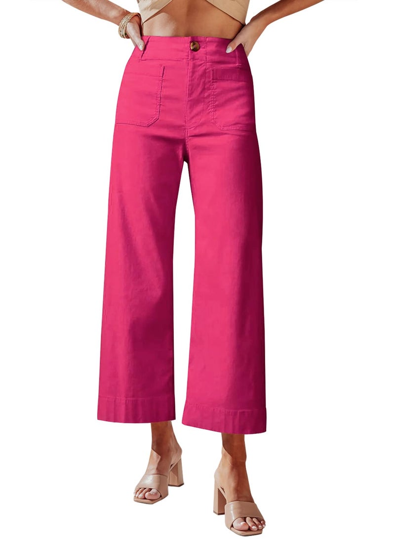miduo Womens Casual Capris Pants Button High Waisted Cropped Straight Leg Pants Trousers with Pockets Hot Pink 26 - Image 1