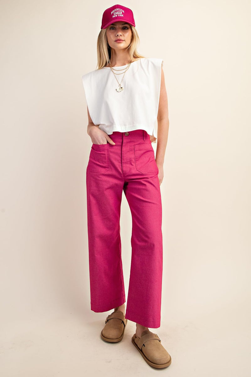 miduo Womens Casual Capris Pants Button High Waisted Cropped Straight Leg Pants Trousers with Pockets Hot Pink 26 - Image 4