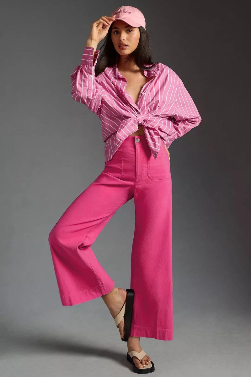 miduo Womens Casual Capris Pants Button High Waisted Cropped Straight Leg Pants Trousers with Pockets Hot Pink 26 - Image 3