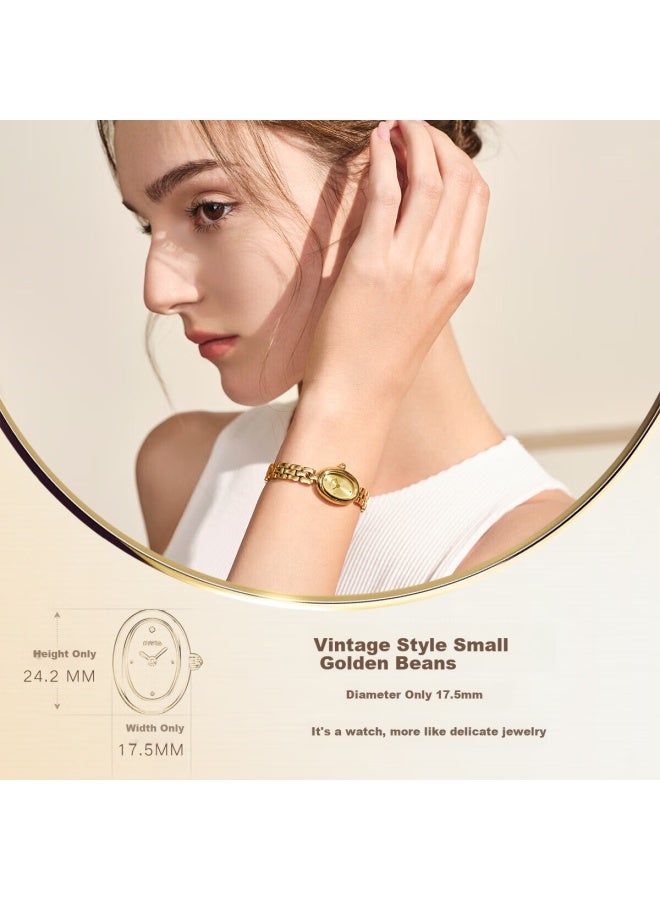 Fiyta City Series "little Golden Bean" Gold Dial Steel Strap Retro Watch For Women Festival Birthday Gift Box - Image 1