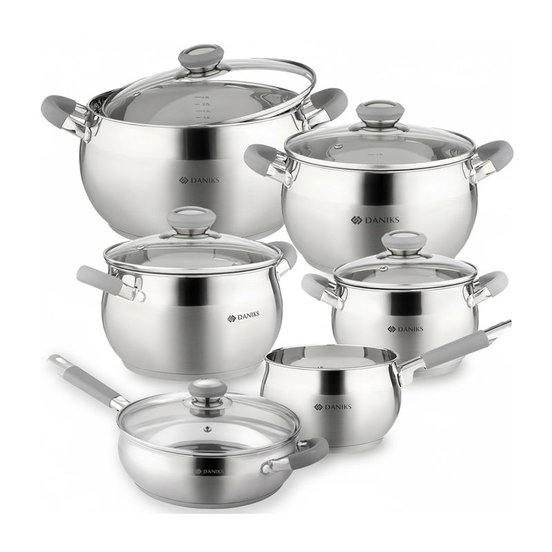 Daniks Modern 11-Piece Stainless Steel Cookware Set with Glass Lids, Includes Saucepan and Frying Pan with Lid, Tri-Ply Bases for Even Heating, Induction Compatible, Dishwasher Safe, Heatproof Handles - Image 1