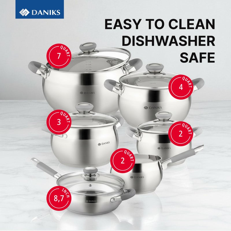Daniks Modern 11-Piece Stainless Steel Cookware Set with Glass Lids, Includes Saucepan and Frying Pan with Lid, Tri-Ply Bases for Even Heating, Induction Compatible, Dishwasher Safe, Heatproof Handles - Image 2