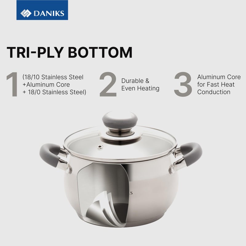 Daniks Modern 11-Piece Stainless Steel Cookware Set with Glass Lids, Includes Saucepan and Frying Pan with Lid, Tri-Ply Bases for Even Heating, Induction Compatible, Dishwasher Safe, Heatproof Handles - Image 5