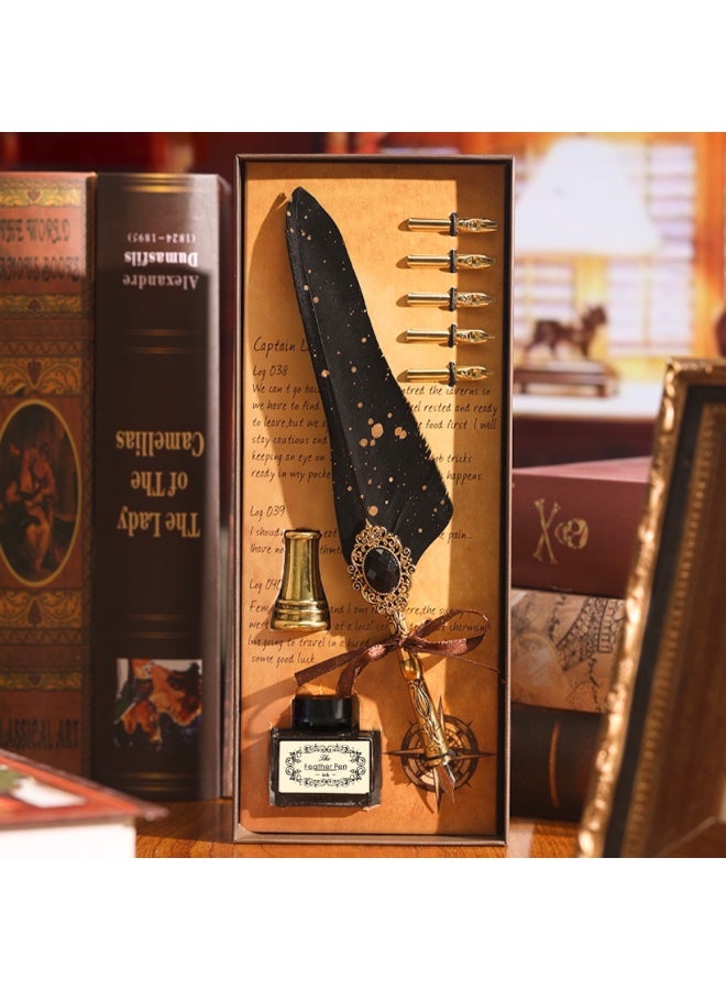 Halamodo 8Pcs Vintage Calligraphy Set with Pen Nibs, Quill Feather Pen and Ink Set, Calligraphy Kit with Dip Pen Nibs and Wax Seal Stamp Kit, Ornate Holders, Black Starry Sky Gem Feather Pen Set, Gift Box, Teacher'S Day Gift - Image 1