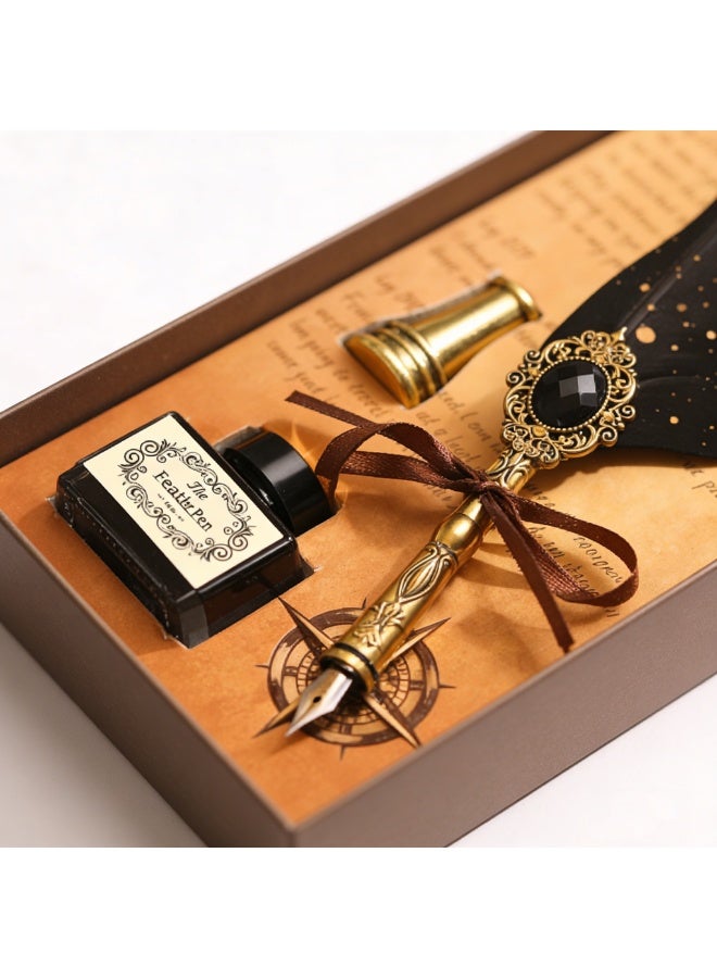 Halamodo 8Pcs Vintage Calligraphy Set with Pen Nibs, Quill Feather Pen and Ink Set, Calligraphy Kit with Dip Pen Nibs and Wax Seal Stamp Kit, Ornate Holders, Black Starry Sky Gem Feather Pen Set, Gift Box, Teacher'S Day Gift - Image 5