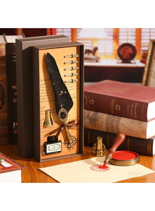 Halamodo 8Pcs Vintage Calligraphy Set with Pen Nibs, Quill Feather Pen and Ink Set, Calligraphy Kit with Dip Pen Nibs and Wax Seal Stamp Kit, Ornate Holders, Black Starry Sky Gem Feather Pen Set, Gift Box, Teacher'S Day Gift - Image 3