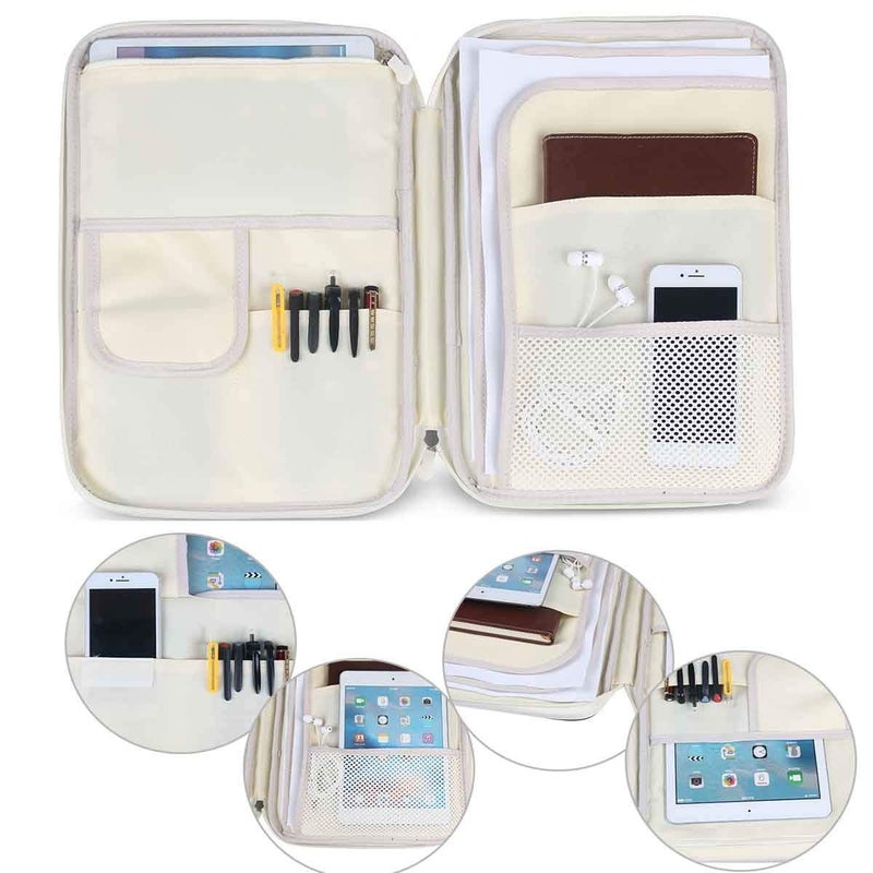 Multi-Functional A4 Document Bags Travel Portfolio Organizer Waterproof Travel Pouch Notepad Carrying Cases File Holder Tablet Sleeve Storage Bag for Travel Office Business Meeting (Mulberry White) - Image 4