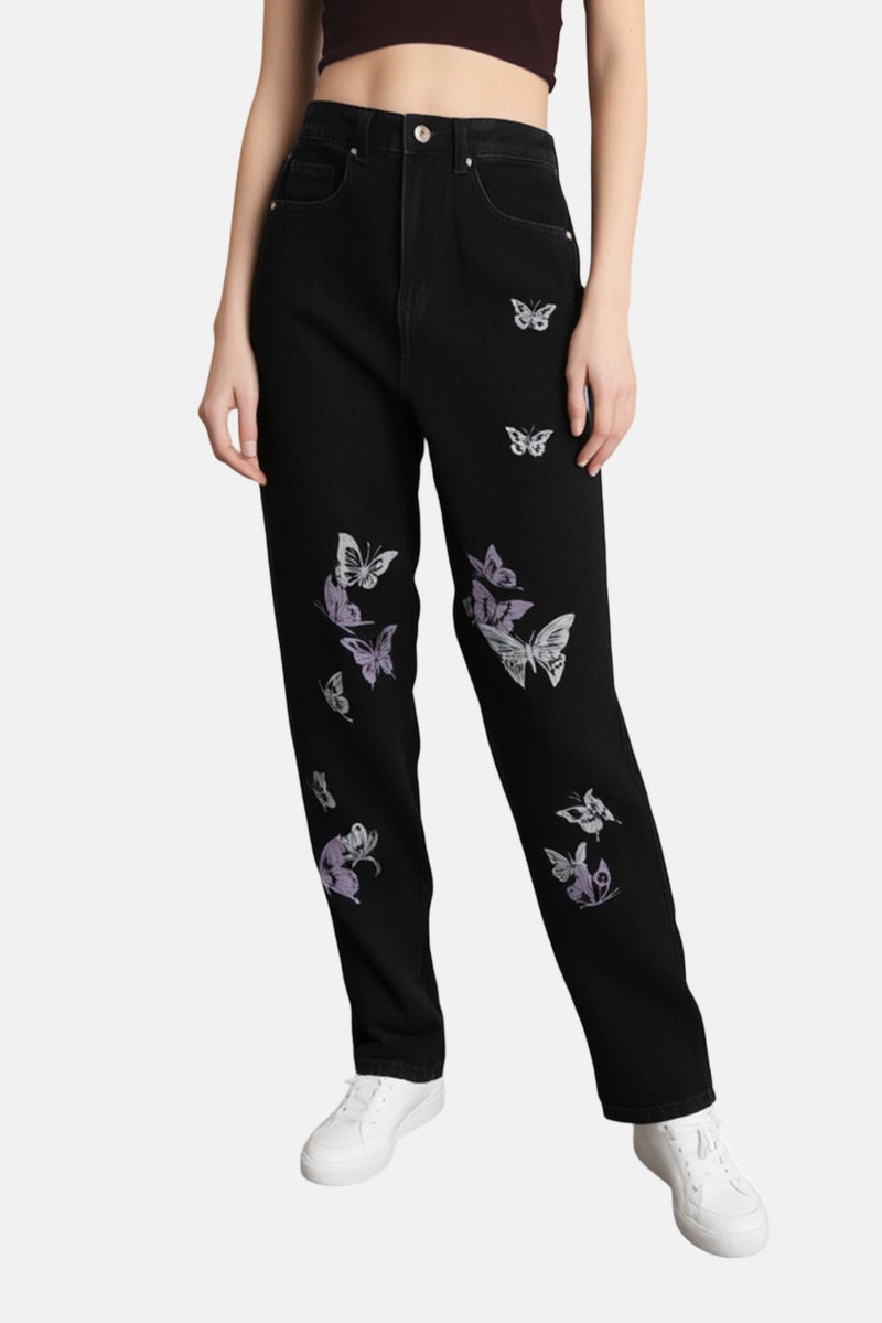 Bershka جينز نسائي بقصة عادية وطباعة جرافيك، أسود - Image 1