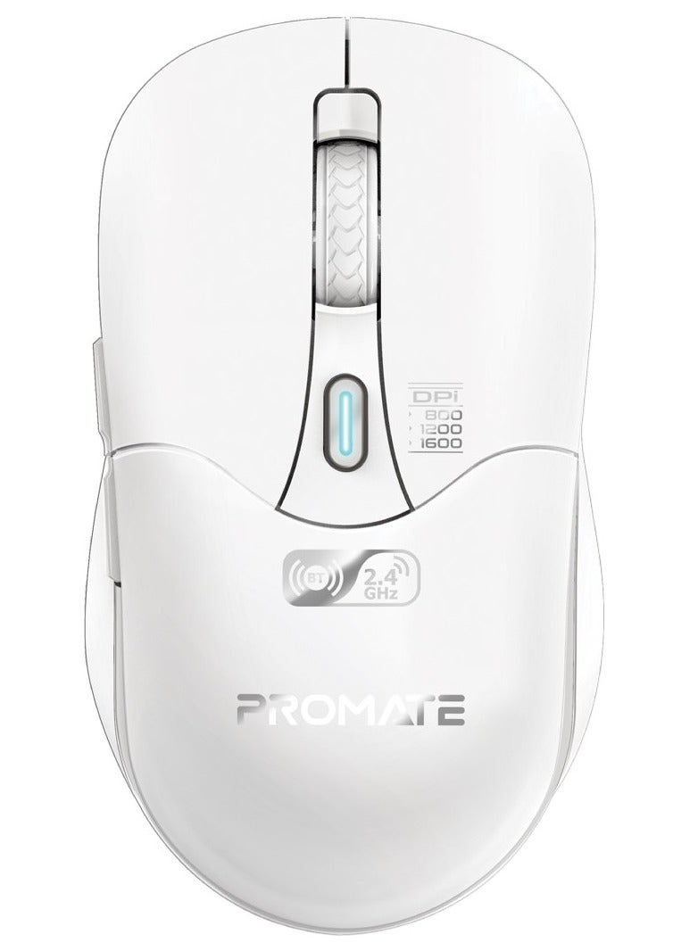 Rechargeable Wireless Mouse, Professional Contoured 500mAh Battery Mouse with Dual Bluetooth/Nano Receiver Connectivity, 1600 DPI, 6 Multi-Functional Buttons for Mac OS, Windows White