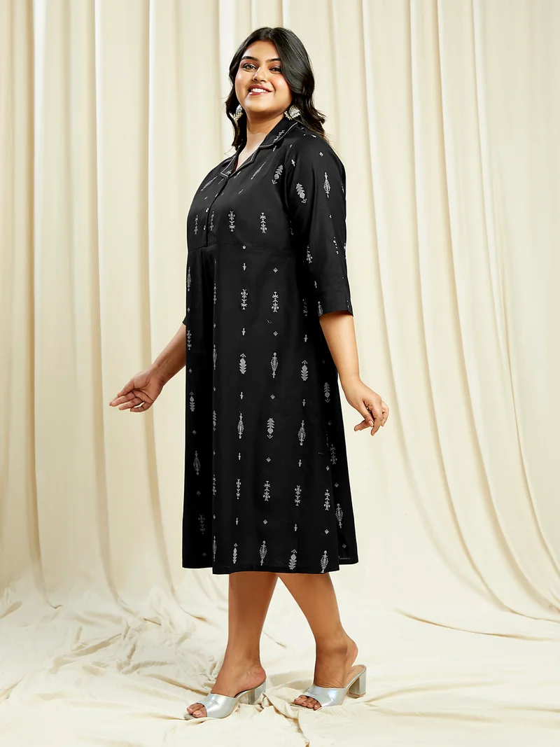 جلو باص Globus Gloplus Women Black Notch Lapel Ethnic Print Button Down Plus Size A-Line Midi Dress