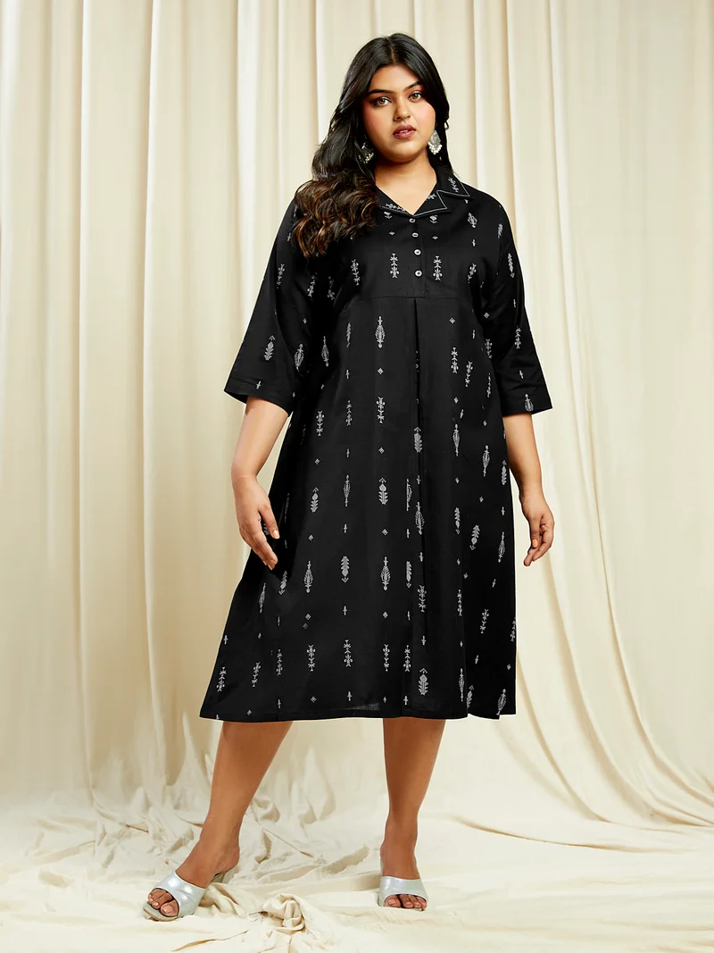جلو باص Globus Gloplus Women Black Notch Lapel Ethnic Print Button Down Plus Size A-Line Midi Dress