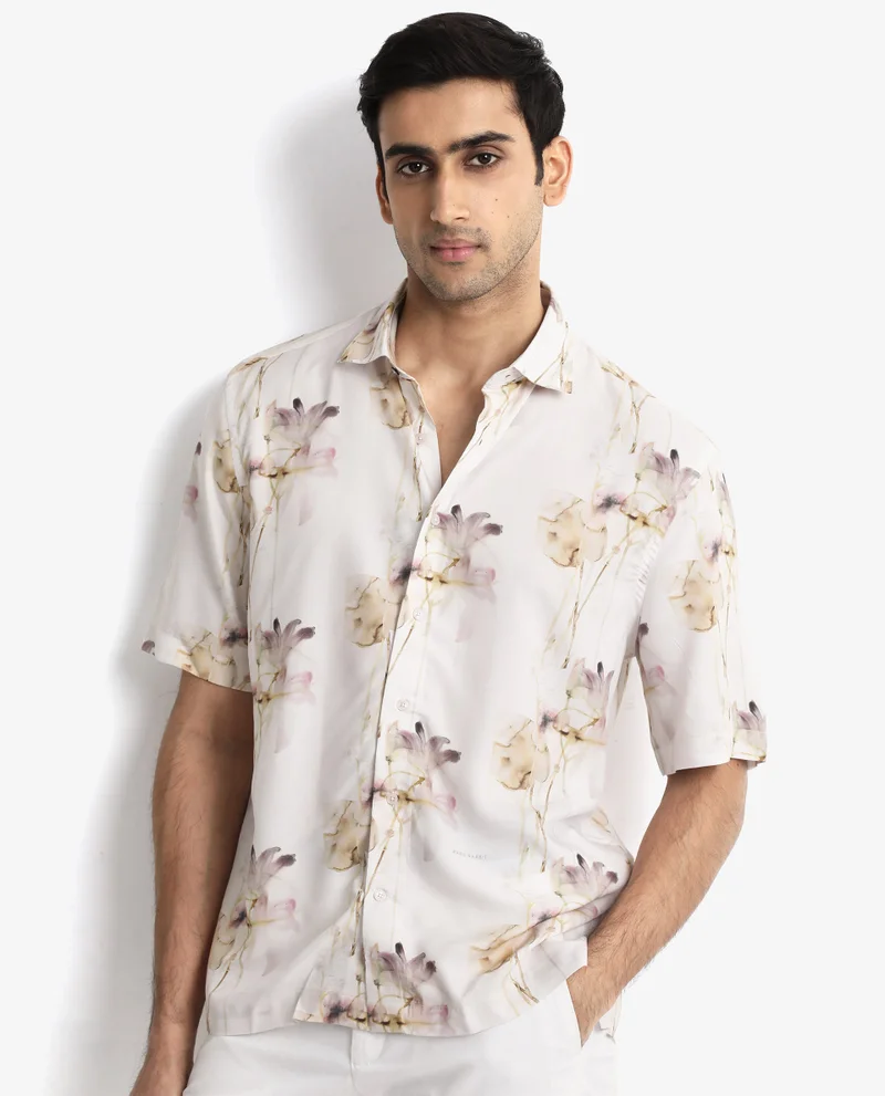 Rare Rabbit Rare Rabbit Men's Shaula Beige Viscose Fabric Short Sleeve Boxy Fit Floral Print Shirt