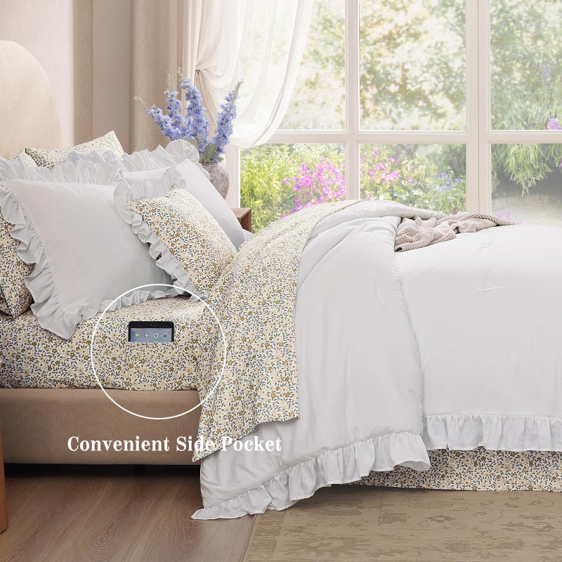 BLOOMHAVEN Queen Comforter Set - 7 Pieces Ruffle White Bedding Sets, Shabby Chic Farmhouse Bed in a Bag Queen with Ruffle Comforter, Floral Sheets, Pillowcases & Shams - Image 4
