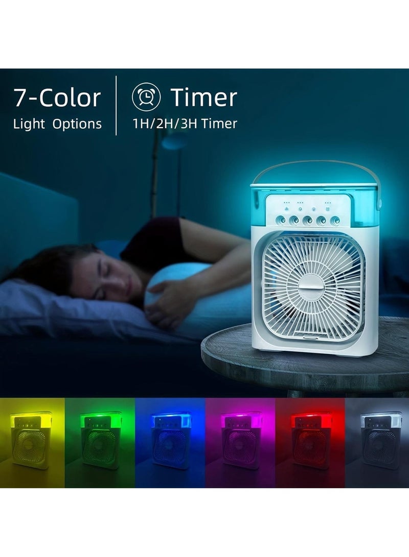 DubaiGallery مروحة تكييف هواء محمولة، مبرد هواء تبخيري صغير شخصي مع محول تيار متردد، مرطب هواء بارد لسطح المكتب مع إضاءة LED بـ 7 ألوان، مؤقت 1/2/3 ساعات، 3 سرعات و3 رذاذ للغرفة والمكتب والمنزل والسفر - Image 4