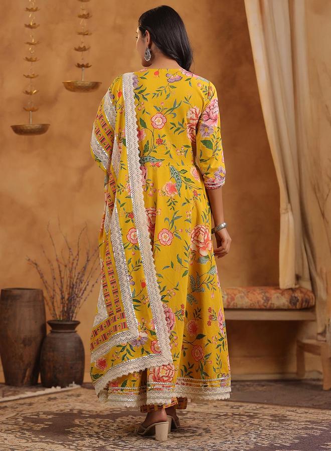 ISHIN Women's Yellow Cotton Printed Tunic Upper Calf Length Palazzo Bottom Flared 3 Peice Kurta Set - Image 5