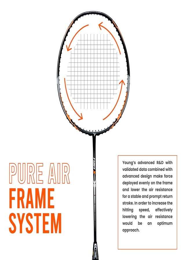 يونغ مضرب تنس الريشة Young Fury X Power (جرافيت كامل، 30 رطلاً) بدون أوتار مع غطاء كامل (أسود برتقالي) - Image 3