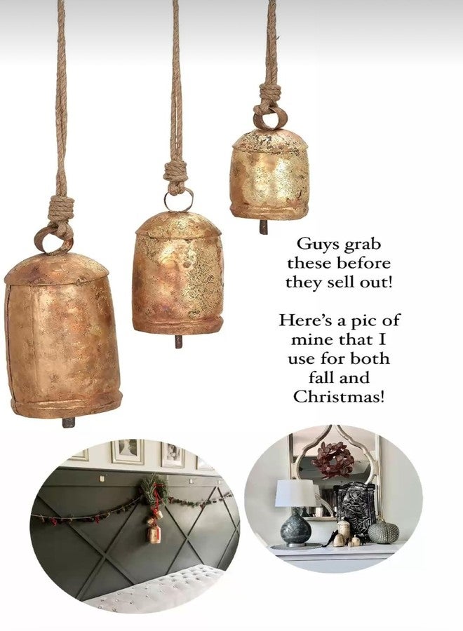 THOR INSTRUMENTS Large Vintage Gold Cow Bells for Rustic Christmas Decor Hanging Bells on Rope Set of 3 Harmony Cow Bells Vintage Handmade Rustic Lucky (Brass & Copper Rustic Bell 4,6, 8 inches) - Image 2