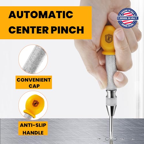 MulWark 5" Spring-Loaded Automatic Steel Center Hole Punch Marker Scriber for Wood, Metal, Plastic, Car Window Puncher Breaker Tool-with Palm Cushion Cap, Adjustable Impact-A Replacement Tip Included - Image 2