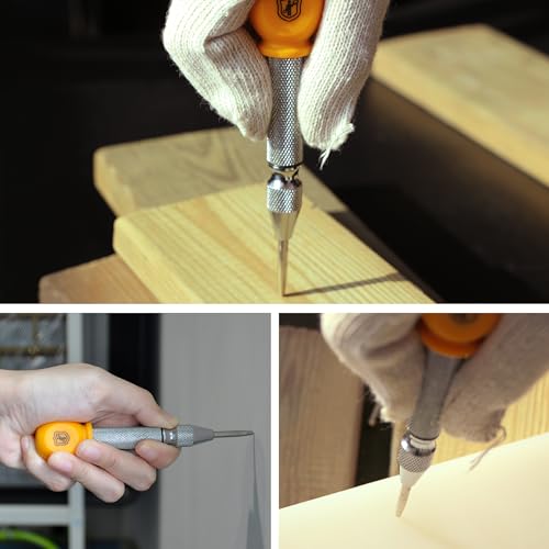 MulWark 5" Spring-Loaded Automatic Steel Center Hole Punch Marker Scriber for Wood, Metal, Plastic, Car Window Puncher Breaker Tool-with Palm Cushion Cap, Adjustable Impact-A Replacement Tip Included - Image 5