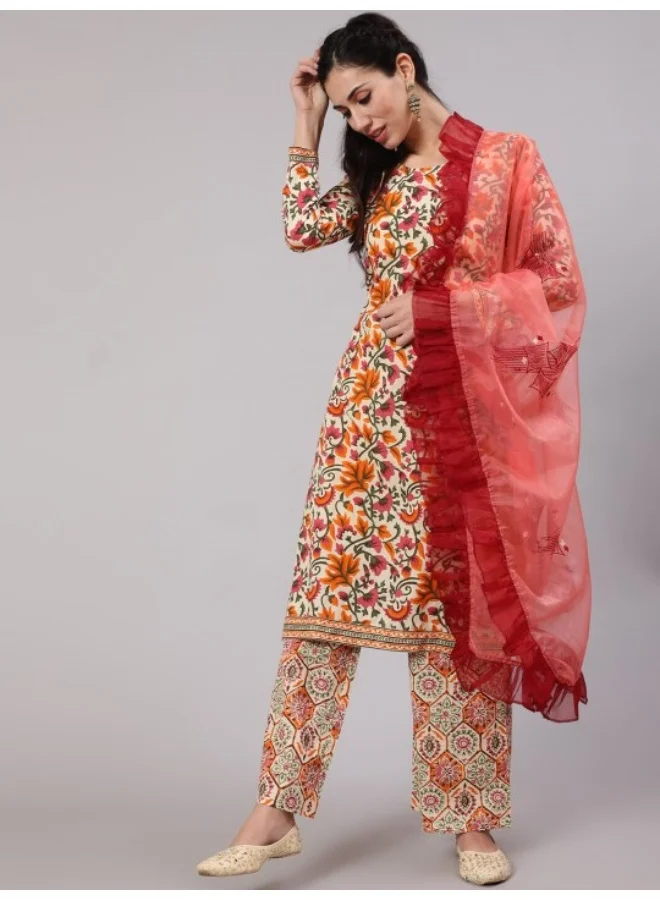 AKS Beige Floral Print Straight Kurta Palazzo With Dupatta