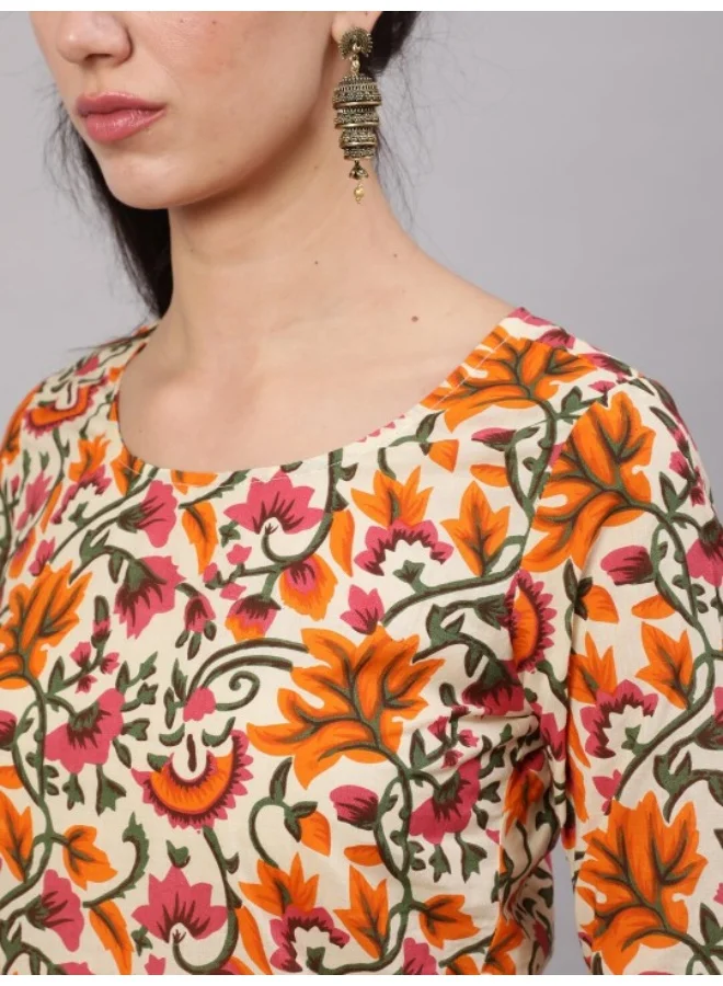 AKS Beige Floral Print Straight Kurta Palazzo With Dupatta