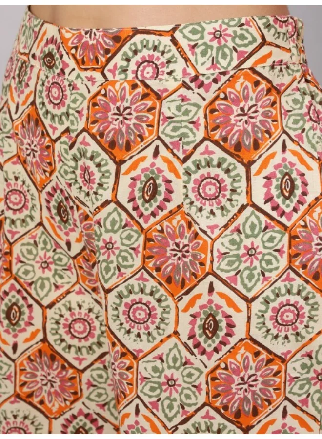 AKS Beige Floral Print Straight Kurta Palazzo With Dupatta